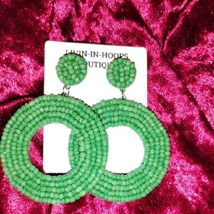 Green Beaded Hoop Earrings